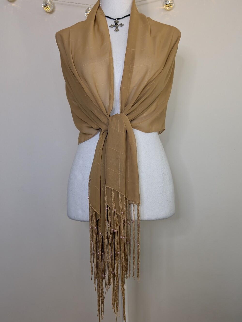 Vintage Beaded Fringe Wrap Scarf in Camel